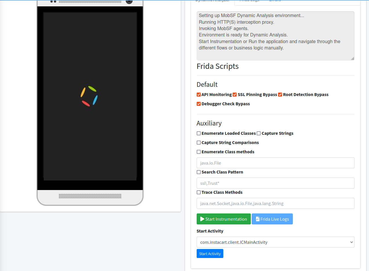 MobSF dynamic analysis page